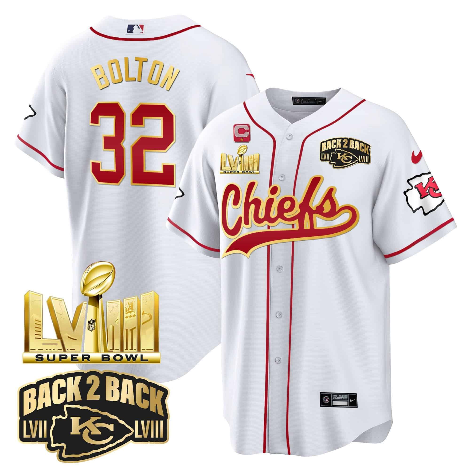 Men Kansas City Chiefs 32 Bolton White 2024 Nike Super Bowl LVIII Back 2 Back Gold Patch Baseball NFL Jersey